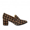Mocasin à bout pointu pour femmes en daim écossais marron et beige talon 6