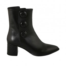 Damenstiefelette mit Reissverschluss und Knöpfen aus schwarzem Leder und bedrucktem Leder Absatz 6 - Verfügbare Größen:  31, 32, 33, 34, 42, 43, 44, 46, 47
