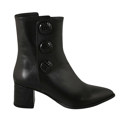 Damenstiefelette mit Reissverschluss und Knöpfen aus schwarzem Leder und bedrucktem Leder Absatz 6 - Verfügbare Größen:  31, 32, 33, 34, 42, 43, 44, 46, 47