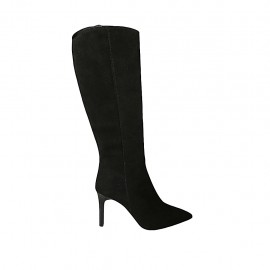Botas puntiagudos para mujer con cremallera en gamuza negra tacon 8 - Tallas disponibles:  31, 32, 33, 34, 42, 43, 44, 45, 46, 47