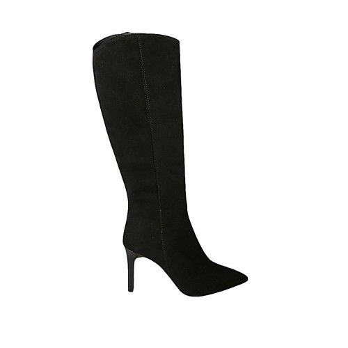 Spitzer Damenstiefel mit Reissverschluss aus schwarzem Wildleder Absatz 8 - Verfügbare Größen:  31, 32, 33, 34, 42, 43, 44, 45, 46, 47