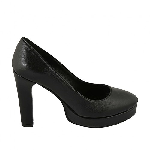 Zapato de salon a punta para mujer en piel negra con plataforma tacon 10 - Tallas disponibles:  31, 32, 33, 34, 42, 43, 44, 45, 46, 47