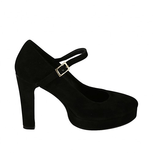 Woman's platform pump in black suede with strap heel 10 - Available sizes:  31, 32, 33, 34, 42, 44, 46