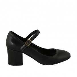 Escarpin pour femmes avec courroie en cuir noir talon carré 6 - Pointures disponibles:  32, 33, 34, 42, 44, 47