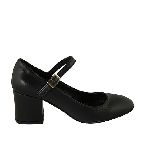 Woman's pump with strap in black leather block heel 6