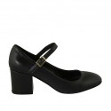 Woman's pump with strap in black leather block heel 6