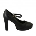 Zapato de salon a punta para mujeres con correa y plataforma en piel de color negro tacon 10