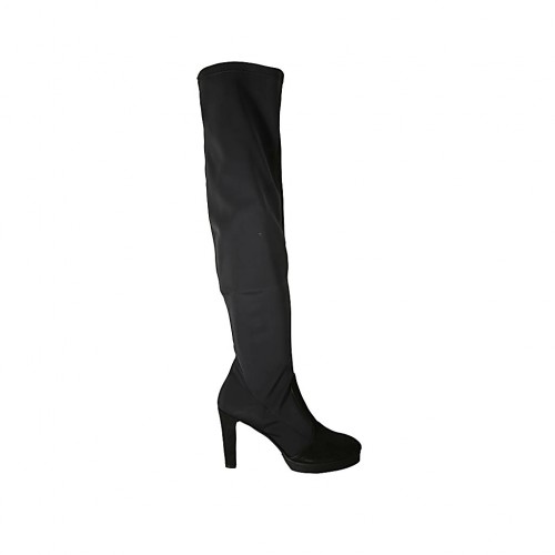 Stivale sopra al ginocchio da donna con mezza cerniera e plateau in tessuto elasticizzato e camoscio nero tacco 11 - Misure disponibili: 42, 43, 44, 46, 47