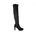 Bottes au-dessus de genou pour femmes avec demi fermeture éclair en tissu elastique et daim noir talon 11
