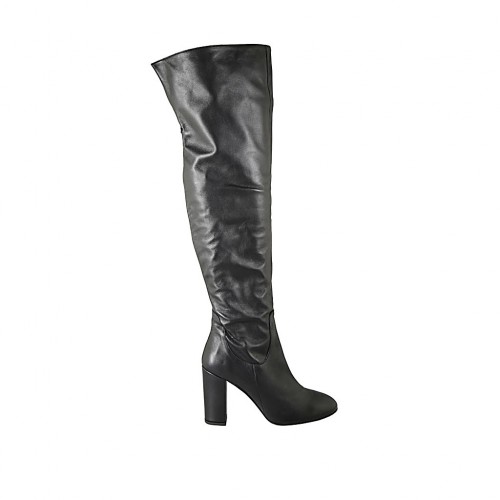 Bottes au-dessus de genou avec demi fermeture éclair pour femmes en cuir noir talon 11 - Pointures disponibles:  42, 43