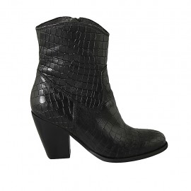 Woman's Texan ankle boot with zipper in black printed leather heel 8