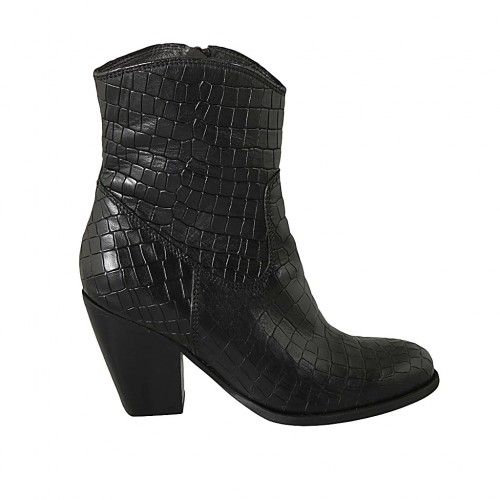 Bottine Texan pour femmes avec fermeture éclair en cuir imprimé noir talon 8 - Pointures disponibles:  32, 34, 43, 44
