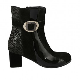 Damenstiefelette mit Rei?verschluss und Schnalle aus schwarzem und gemustertem Wildleder und schwarzem Lackleder Absatz 6 - Verfügbare Größen:  32, 33, 34, 42, 43, 44, 45, 46