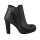 Woman's ankle boot with zipper and platform in black leather and printed fabric heel 9