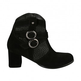 Woman's ankle boot with zipper and buckles in black and spotted suede heel 6 - Available sizes:  32, 33, 34, 42, 43, 44, 45, 46