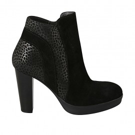 Woman's ankle boot with zipper and platform in black and printed spotted suede heel 9 - Available sizes:  32, 33, 34, 42, 43, 44, 46