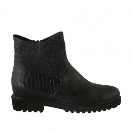Botin para mujer con cremallera en piel y piel imprimida negra tacon 3 - Tallas disponibles:  42, 43, 44, 45, 46