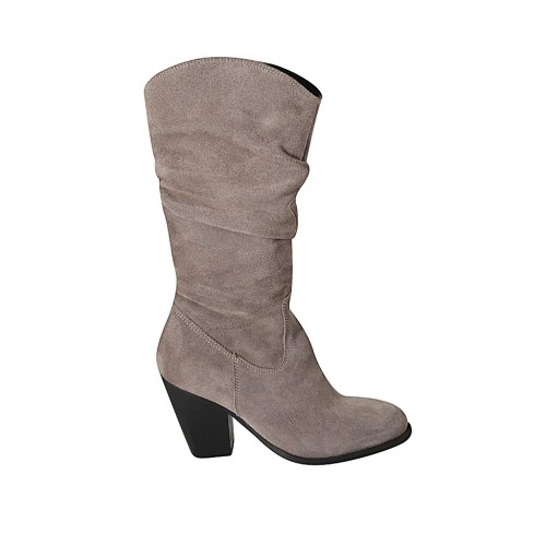 Damenstiefel mit Rei?verschluss aus taubengrauem Wildleder Absatz 8 - Verfügbare Größen:  33, 34, 42, 43, 44, 45