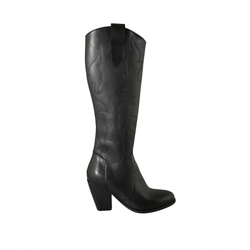 Damenstiefel mit Reißverschluss aus schwarzem besticktem Leder Absatz 8 - Verfügbare Größen:  34, 43