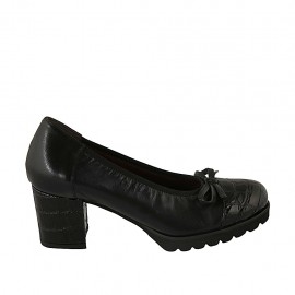 Decolté da donna con fiocco in pelle e pelle stampata nera tacco 6 - Misure disponibili: 32, 33, 34, 42, 43, 44, 45