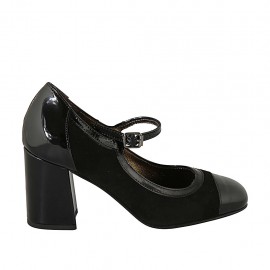 Decolté da donna in camoscio e vernice nera con cinturino tacco 7 - Misure disponibili: 32, 34, 42, 43, 44, 45