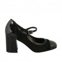Woman's pump in black suede and patent leather with strap heel 7
