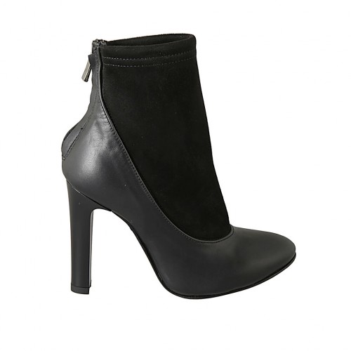 Damenstiefelette mit hinterem Reissverschluss aus schwarzem Leder und elastischem Wildleder Absatz 10 - Verfügbare Größen:  32, 33, 42, 43, 44, 46, 47