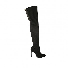 Bottes au-dessus de genou pour femmes en daim noir avec demi fermeture éalcir talon 10 - Pointures disponibles:  42, 43, 46, 47