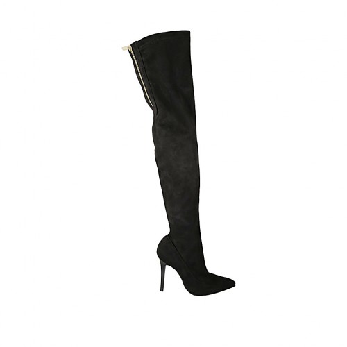 Schenkelhoher Damenstiefel aus schwarzem Wildleder mit halbem Reissverschluss Absatz 10 - Verfügbare Größen:  42, 43, 46, 47