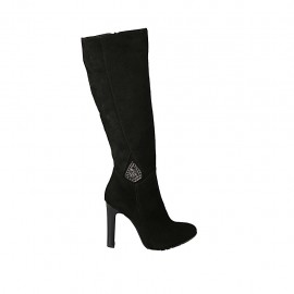 Damenstiefel aus schwarzem Wildleder mit Accessoire und Reissverschluss Absatz 10 - Verfügbare Größen:  32, 34, 42, 43, 44, 47