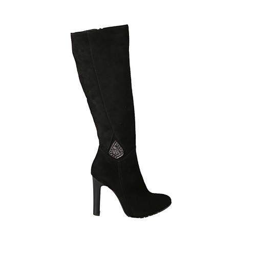 Damenstiefel aus schwarzem Wildleder mit Accessoire und Reissverschluss Absatz 10 - Verfügbare Größen:  32, 34, 42, 43, 44, 47