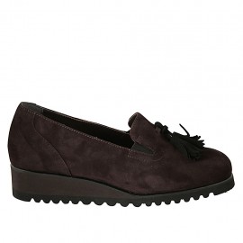 Mocassino da donna con nappine, elastici e plantare estraibile in camoscio marrone e nero zeppa 3 - Misure disponibili: 34, 42, 43, 44, 45
