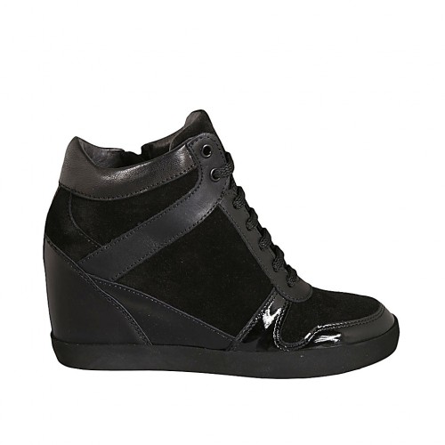 Scarpa stringata da donna con cerniera in pelle, vernice e camoscio nero zeppa 6 - Misure disponibili: 33, 34