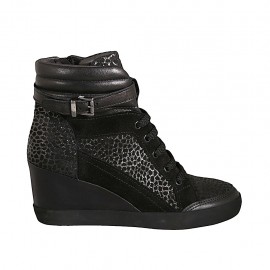 Woman's laced shoe with buckle and zipper in black leather, suede and printed spotted suede wedge heel 6 - Available sizes:  32, 33, 34
