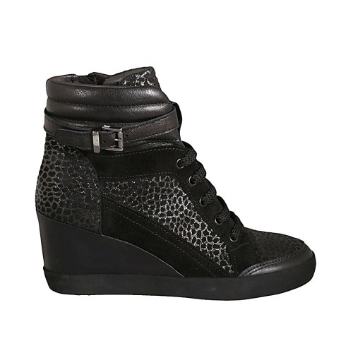 Zapato para mujer con cordones, hebilla y cremallera en piel, gamuza y gamuza imprimida negra y moteada cuña 6 - Tallas disponibles:  32, 33, 34