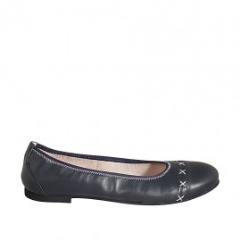 Woman's ballerina shoe in blue leather with white seams heel 1 - Available sizes:  42, 43, 44, 45, 46, 47