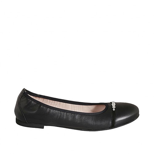 Woman's ballerina shoe in black leather with rhinestones heel 1
