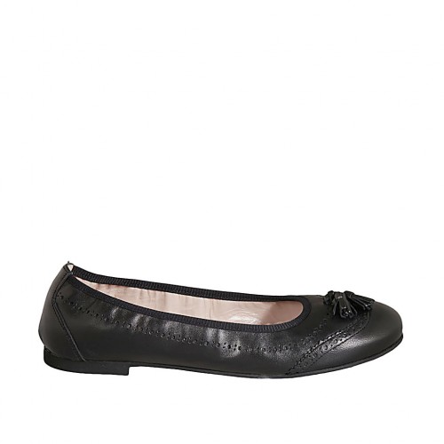 Woman's ballerina shoe with tassels in black leather heel 1 - Available sizes:  42, 43, 45