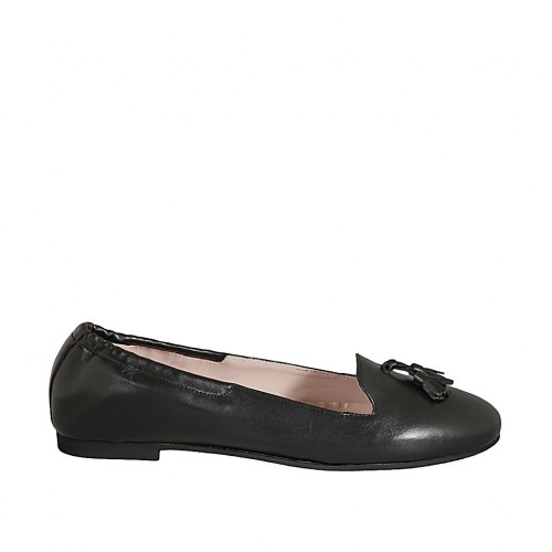 Woman's loafer with elastic band and tassels in black leather heel 1 - Available sizes:  42, 43, 44