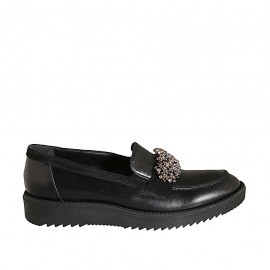Mocassin pour femmes en cuir noir avec strass talon compensé 3 - Pointures disponibles:  43, 44, 45