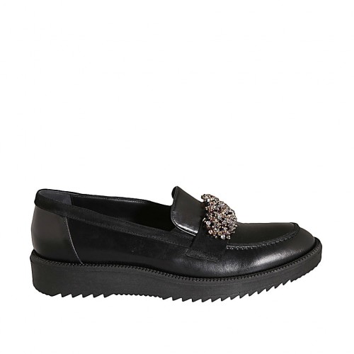 Woman's loafer in black leather with rhinestones wedge heel 3