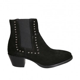 Stivaletto texano da donna con elastico, cerniera e borchie in camoscio nero tacco 5 - Misure disponibili: 33, 34, 42, 43, 44, 45, 46