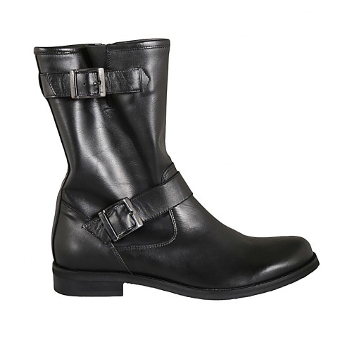 Damenstiefelette mit Reißverschluss und Schnallen aus schwarzem Leder Absatz 2 - Verfügbare Größen:  43, 44, 45, 46