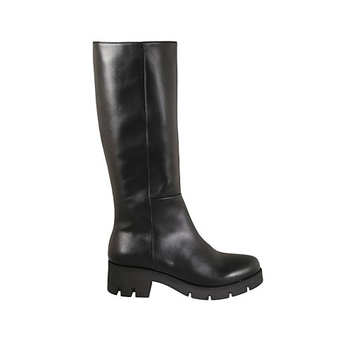 Damenstiefel mit Reißverschluss aus schwarzem Leder Absatz 5 - Verfügbare Größen:  42, 43, 44