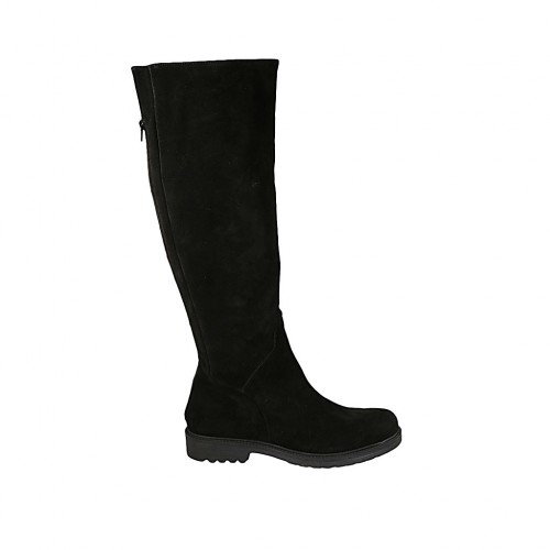 Kniehoher Damenstiefel mit hinterem Rei?verschluss aus schwarzem Wildleder Absatz 3 - Verfügbare Größen:  43, 44