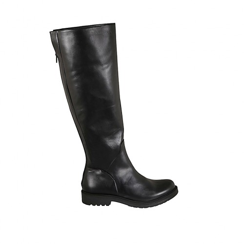 Kniehoher Damenstiefel mit hinterem Rei?verschluss aus schwarzem Leder Absatz 3 - Verfügbare Größen:  43