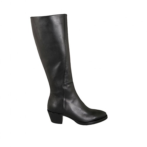 Woman's Texan boot with zipper in black leather heel 5 - Available sizes:  33, 34, 42, 43, 44