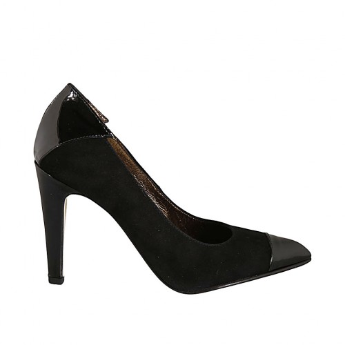 Zapato de salon para mujer en gamuza y charol negro tacon 9 - Tallas disponibles:  32, 33, 34, 42, 43, 44