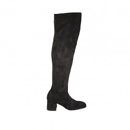 Bottes au-dessus de genou pour femmes avec demi fermeture éclair en daim et tissu elastique noir talon 5 - Pointures disponibles:  34, 43, 44