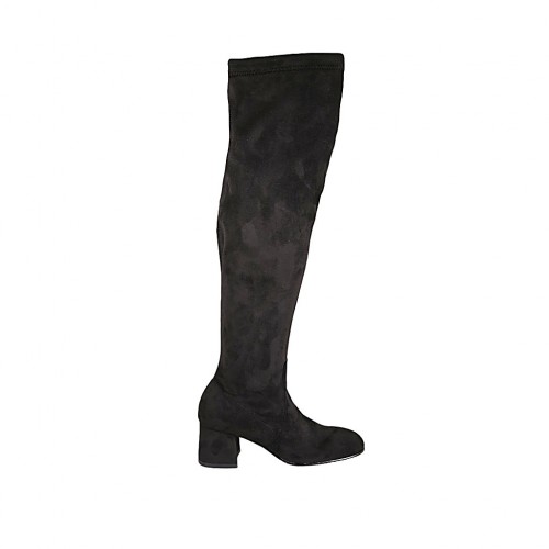 Stivale sopra al ginocchio da donna con mezza cerniera in camoscio ed elasticizzato nero tacco 5 - Misure disponibili: 34, 43, 44